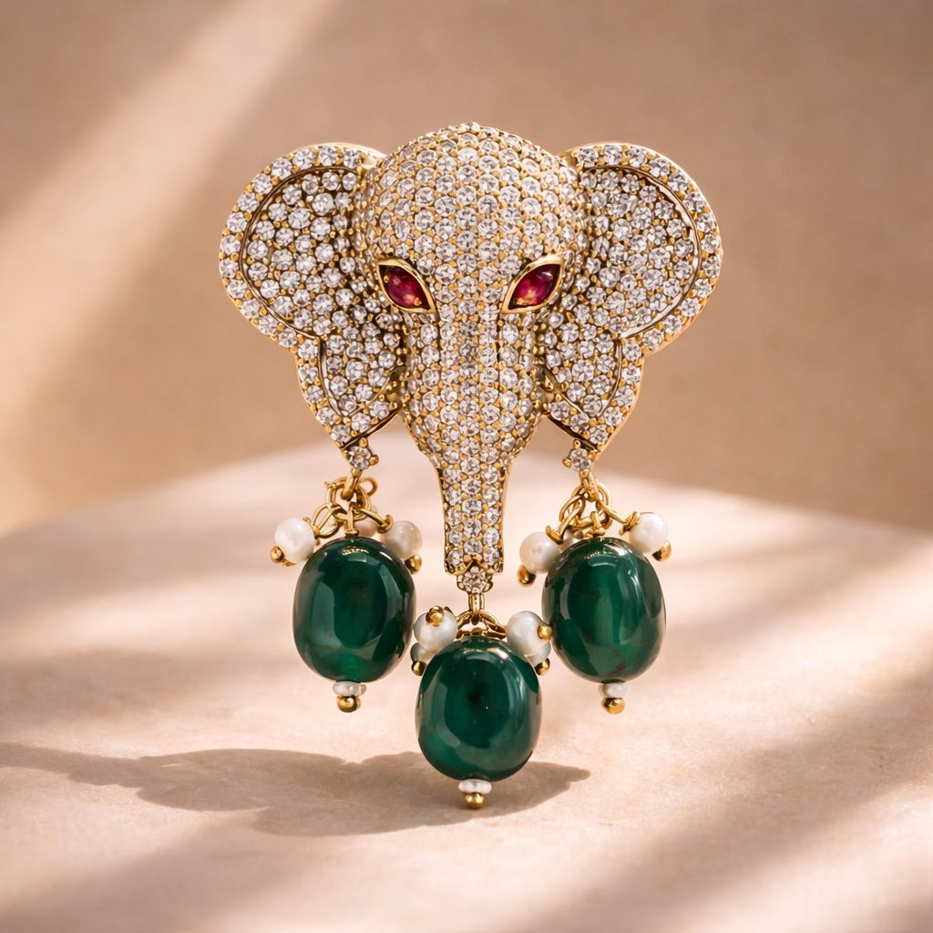 Antique Gold Finish Lord Ganesha Unisex Brooch for Men and Women with Emerald Drops