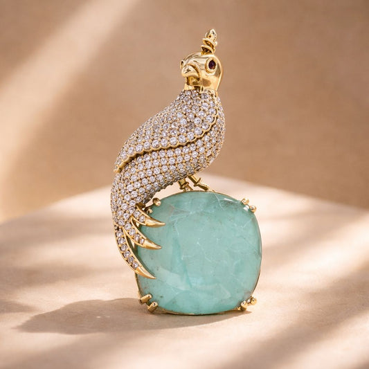 Antique Gold Finish Diamond and Jade Royal Bird Unisex Brooch for Men and Women
