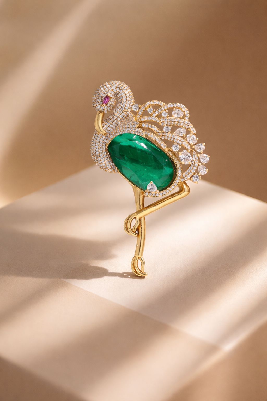 Premium Diamond Studded Unisex Swan Brooch with Hydro Ruby and Emerald