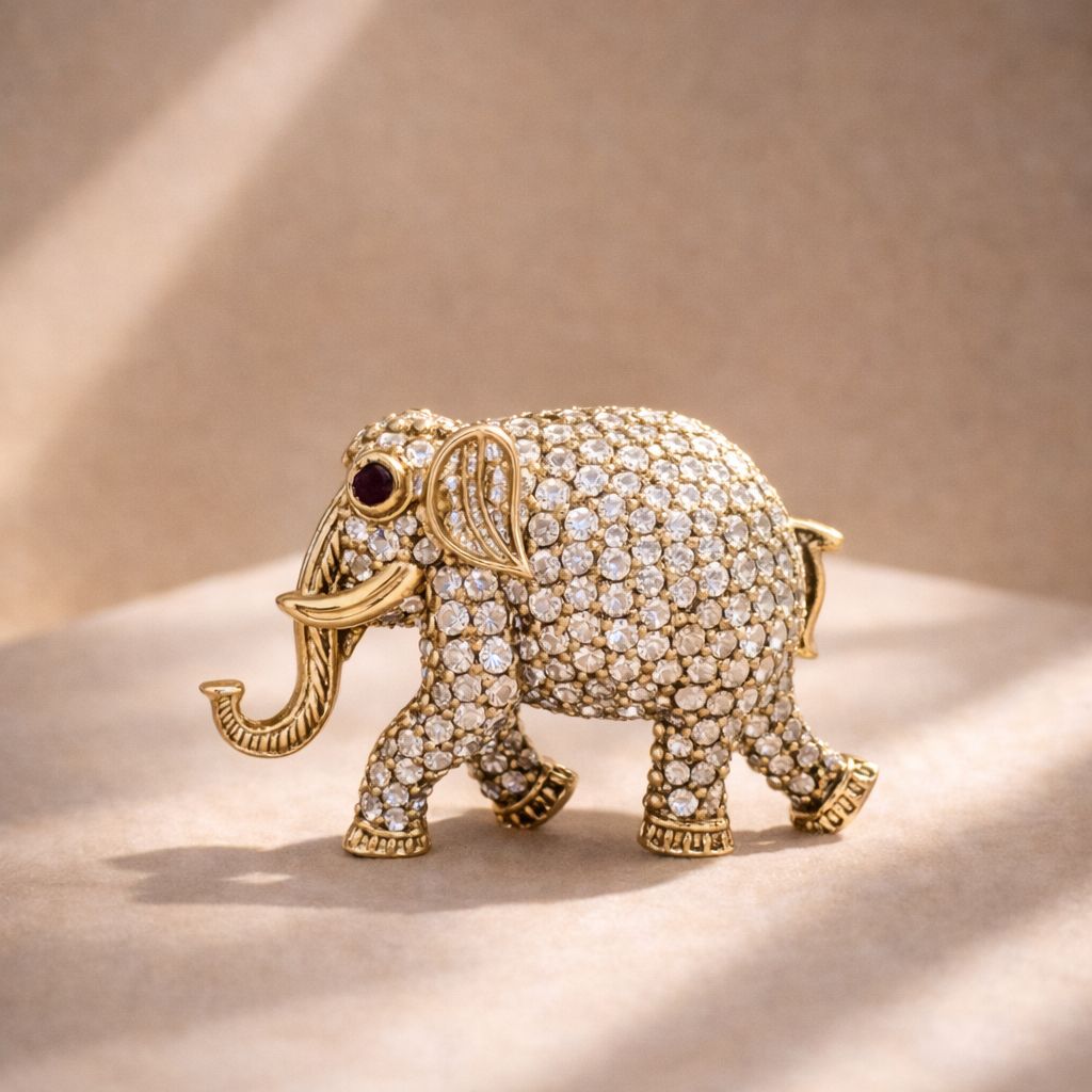 Antique Gold Finish Diamond Studded Elephant Unisex Brooch with Ruby Detailing