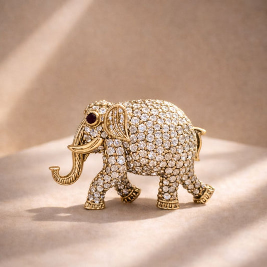 Antique Gold Finish Diamond Studded Elephant Unisex Brooch with Ruby Detailing