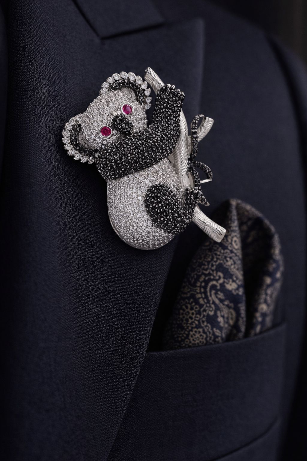 Micro Setting Black  Diamond Studded Koala Bear Unisex Statement Brooch for Men and Women with Ruby Dt