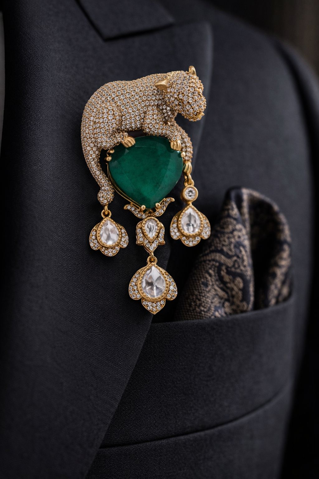 Antique Gold Finish Jaguar Unisex Brooch for Men and Women with Polki and Green Emerald Detailing