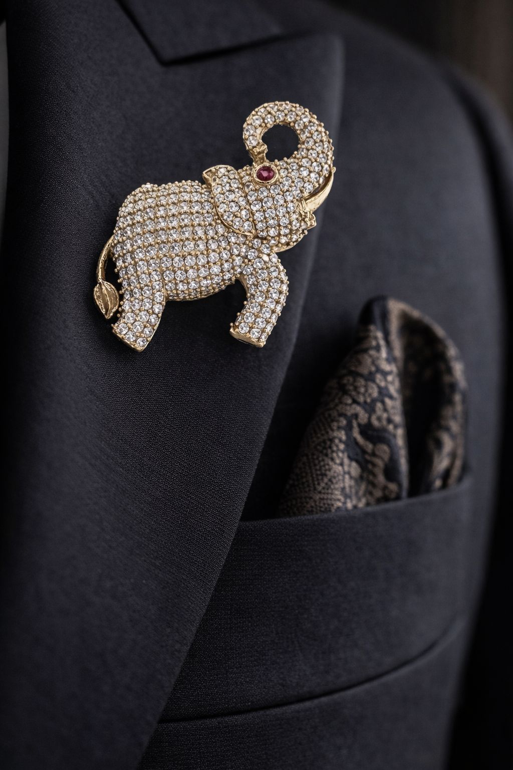 Antique Gold Finish Diamond Studded Shubh Elephant Unisex Brooch with Hydro Ruby Detailing