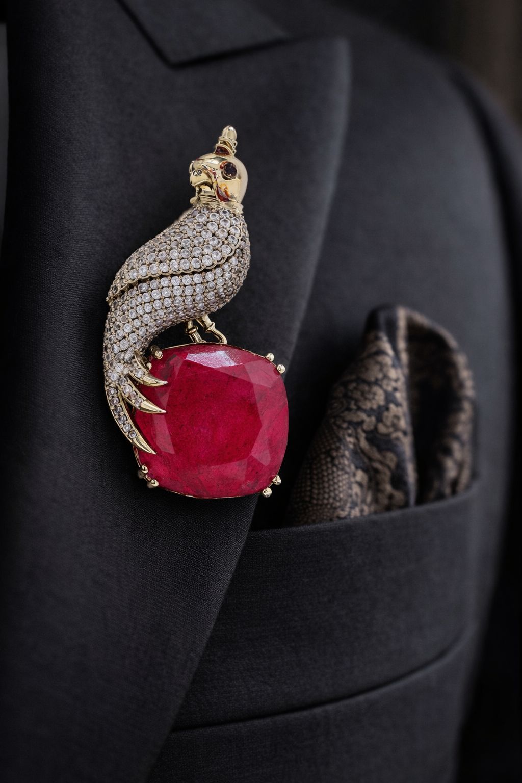 Antique Gold Finish Diamond and Ruby Royal Bird Unisex Brooch for Men and Women