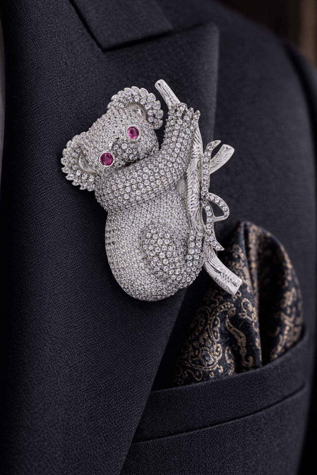 Micro Setting Diamond Studded Koala Bear Unisex Statement Brooch for Men and Women with Ruby Dt
