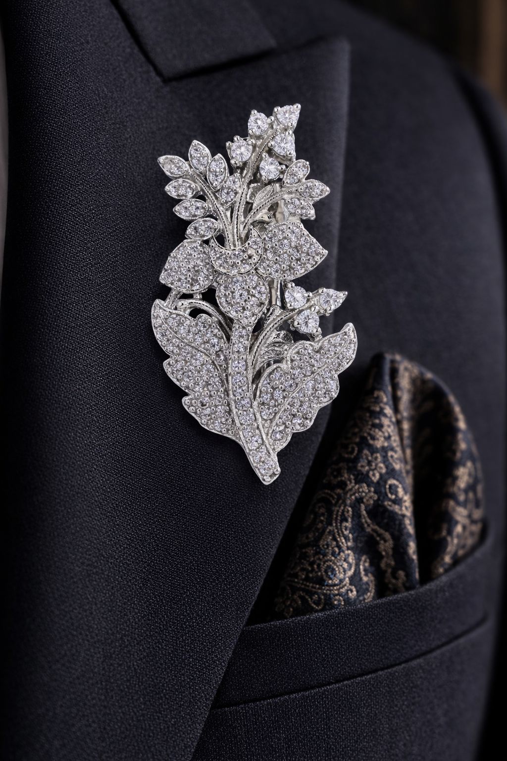 Diamond Studded Intricate Floral Unisex Brooch for Men and Women