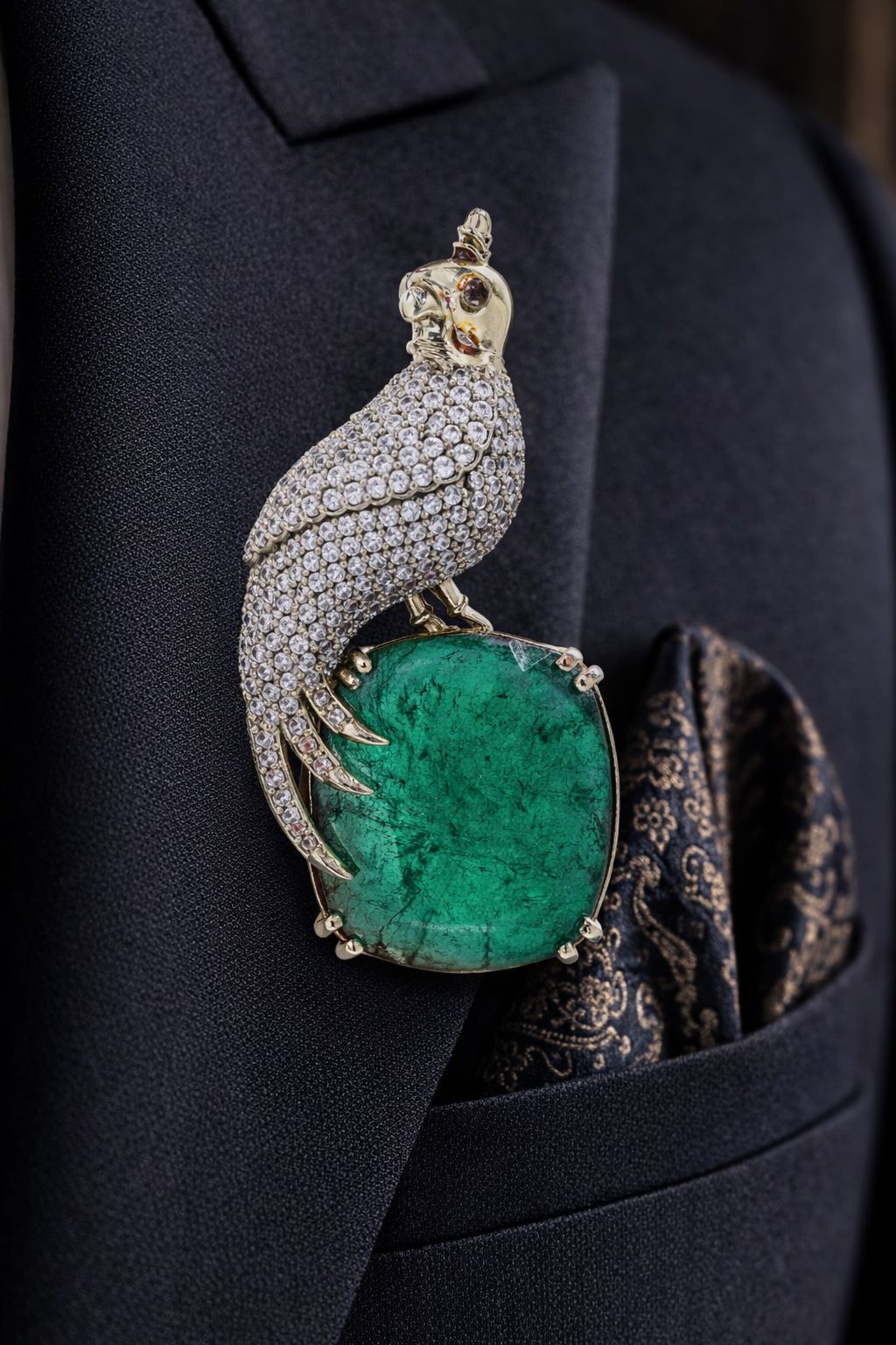 Antique Gold Finish Micro Setting Diamond Unisex Bird Brooch for Men and Women with Emerald Detailing