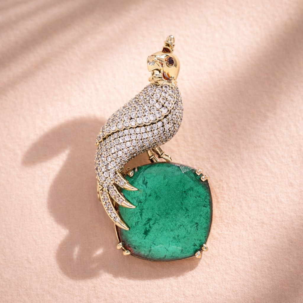 Antique Gold Finish Micro Setting Diamond Unisex Bird Brooch for Men and Women with Emerald Detailing