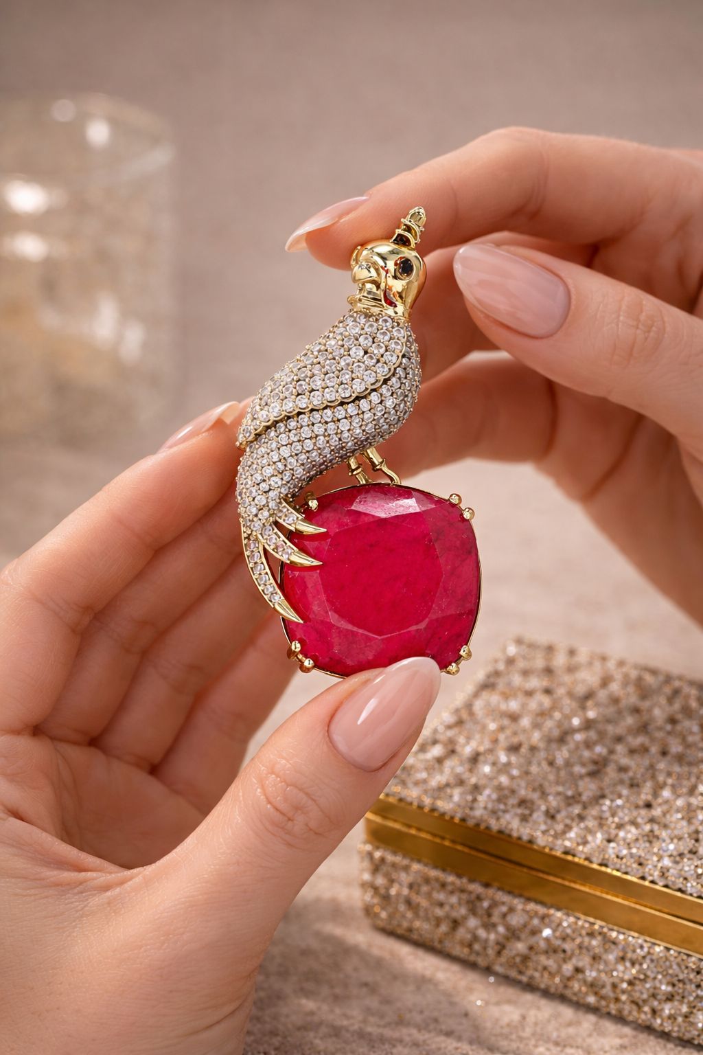 Antique Gold Finish Diamond and Ruby Royal Bird Unisex Brooch for Men and Women