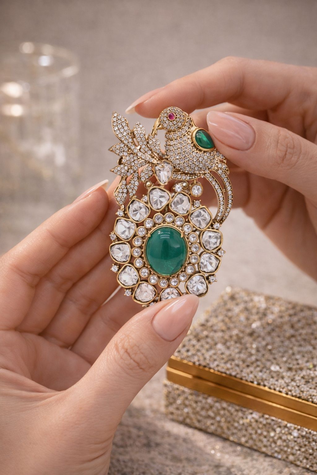 Antique Gold Finish Premium Polki Diamond Unisex Bird Brooch with Hydro Ruby and Emeralds