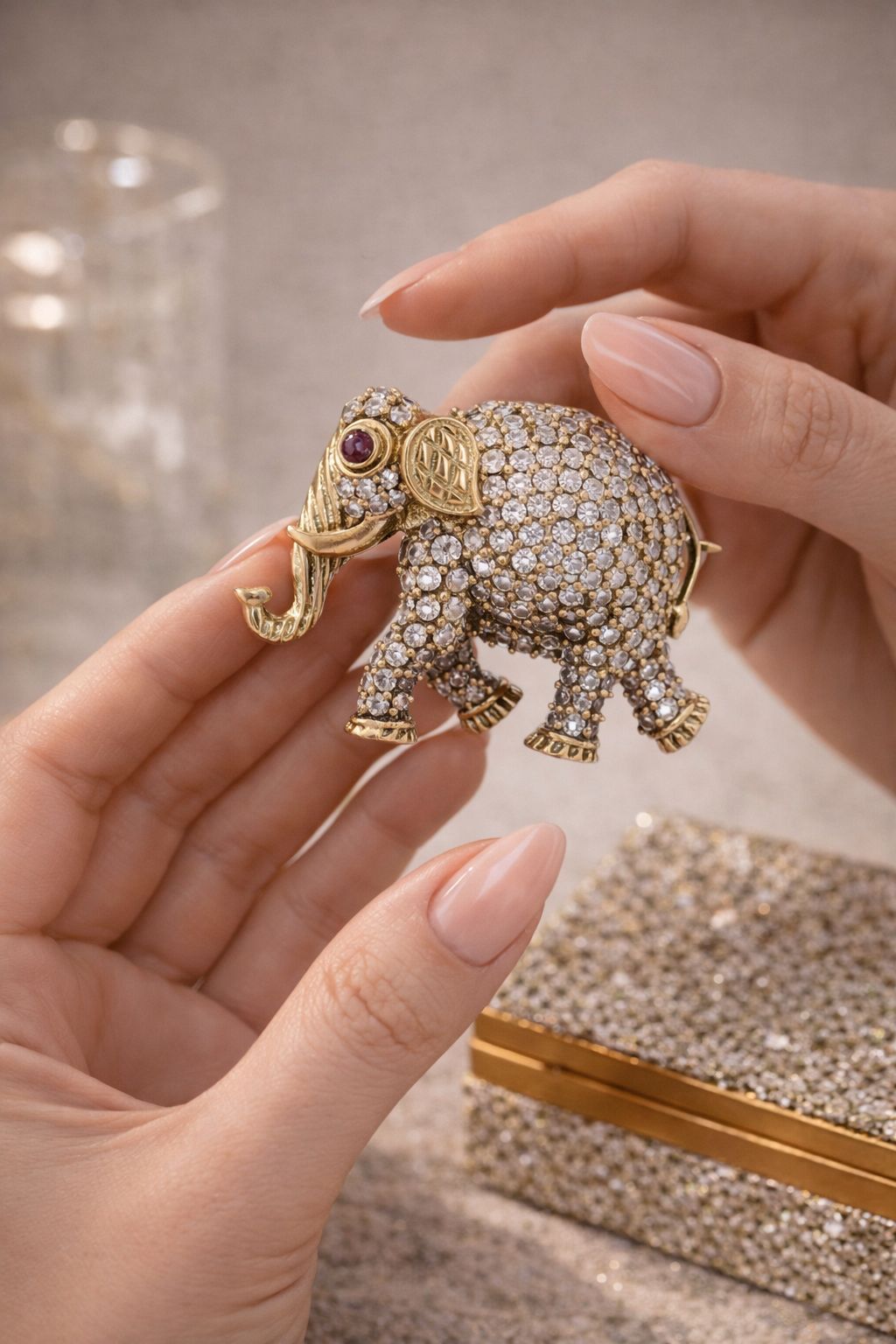 Antique Gold Finish Diamond Studded Elephant Unisex Brooch with Ruby Detailing
