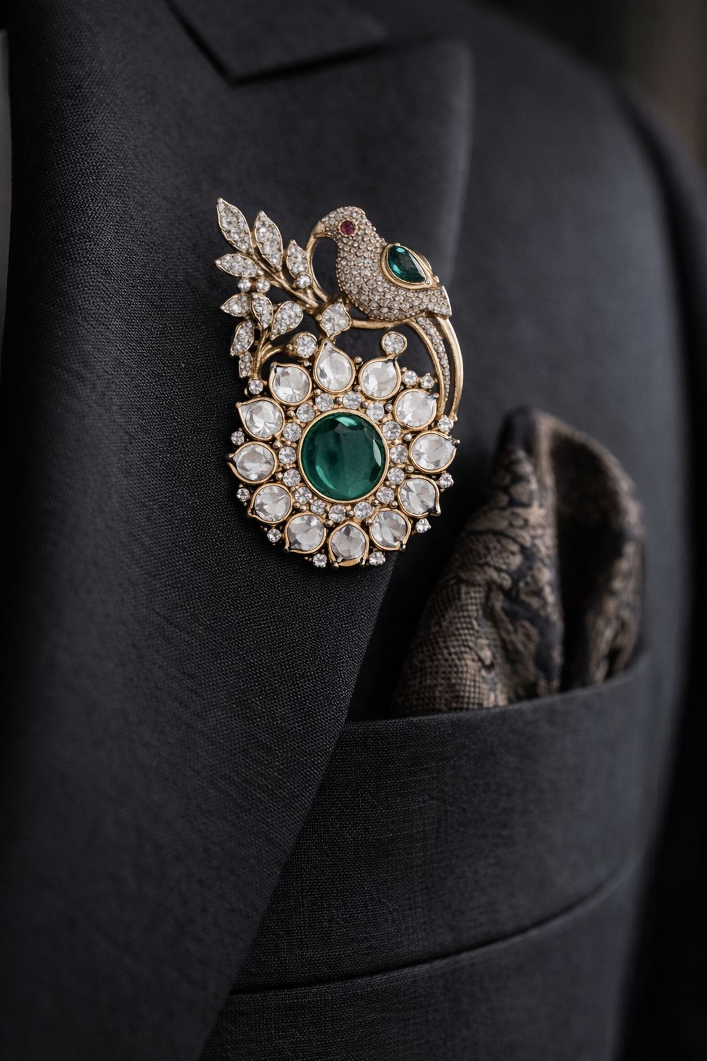 Antique Gold Finish Premium Polki Diamond Unisex Bird Brooch with Hydro Ruby and Emeralds