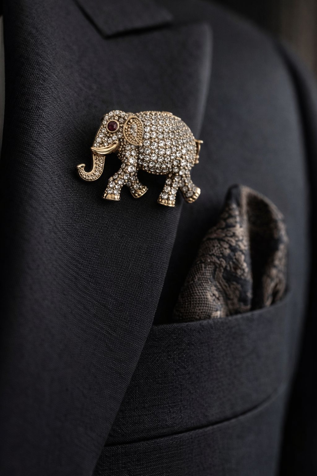 Antique Gold Finish Diamond Studded Elephant Unisex Brooch with Ruby Detailing