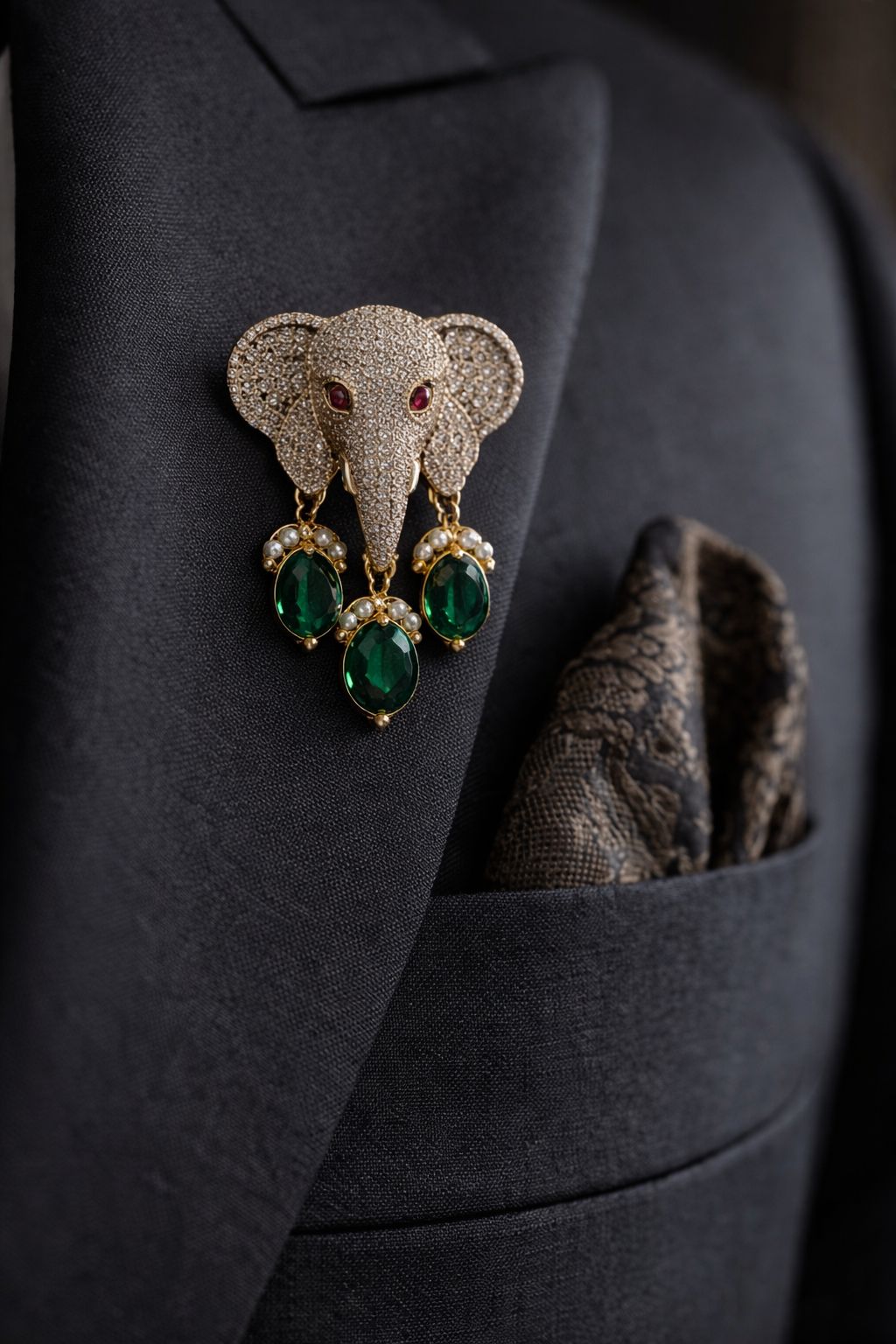 Antique Gold Finish Lord Ganesha Unisex Brooch for Men and Women with Emerald Drops