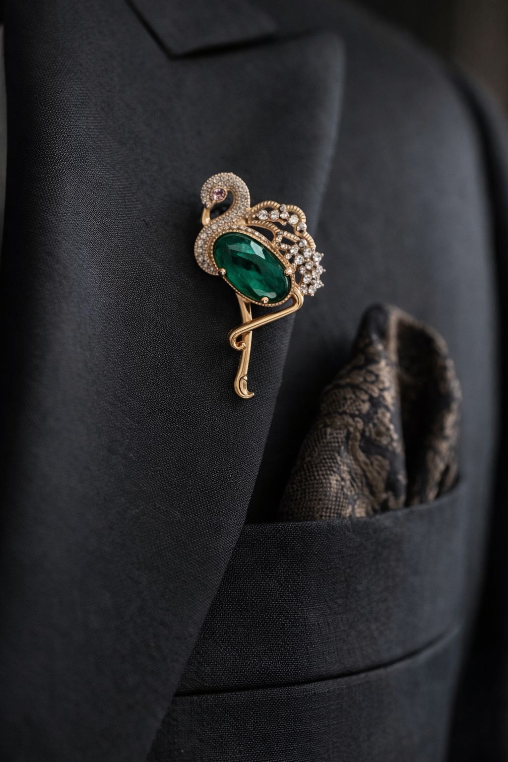 Premium Diamond Studded Unisex Swan Brooch with Hydro Ruby and Emerald