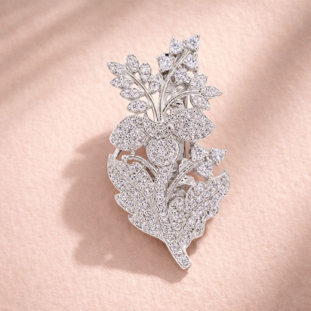 Diamond Studded Intricate Floral Unisex Brooch for Men and Women