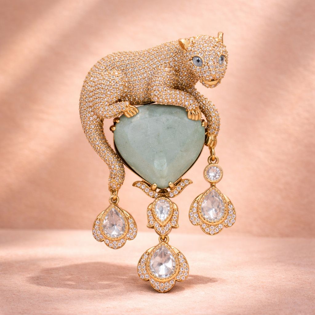 Antique Gold Finish Tiger Unisex Brooch for Men and Women with Polki and Green Jade Detailing
