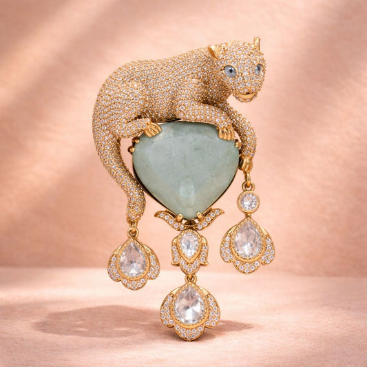 Antique Gold Finish Tiger Unisex Brooch for Men and Women with Polki and Green Jade Detailing
