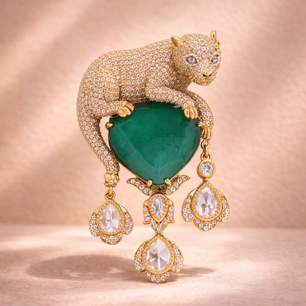 Antique Gold Finish Jaguar Unisex Brooch for Men and Women with Polki and Green Emerald Detailing