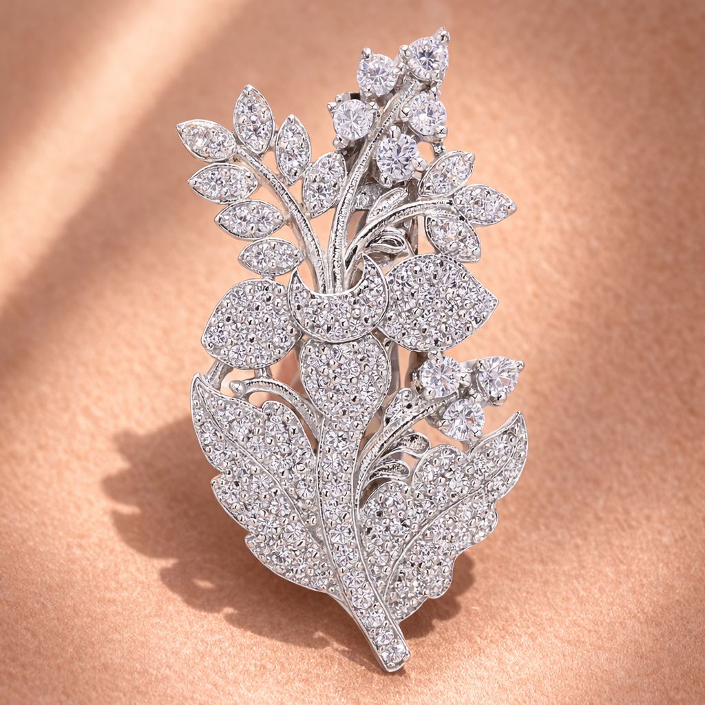 Diamond Studded Intricate Floral Unisex Brooch for Men and Women