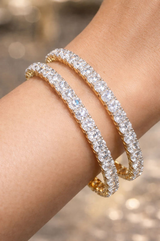 Gold Finish 20 Pointer Solitaire Diamond  Bangles Jodi ( Pair of Two Bangles )