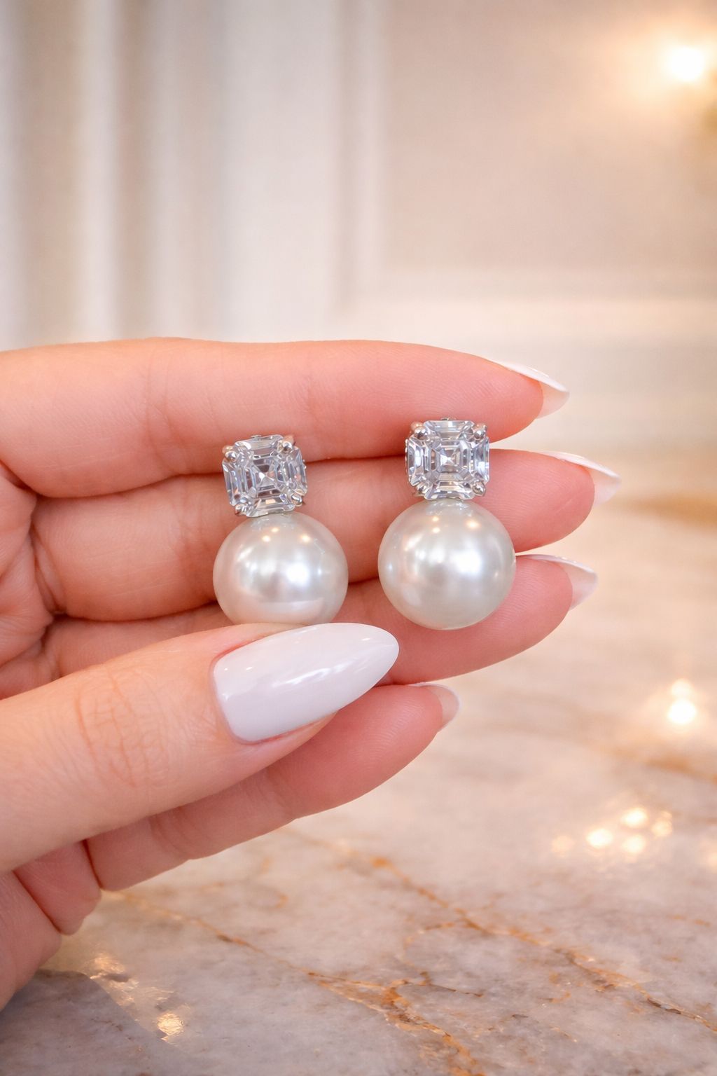Fresh Water Pearl Zirconia Studs with Ascher Cut Solitaires.