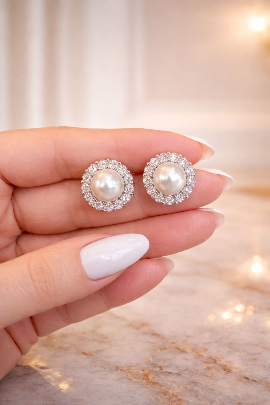 Classic Ellora American Diamond and Fresh Water Pearl Studs