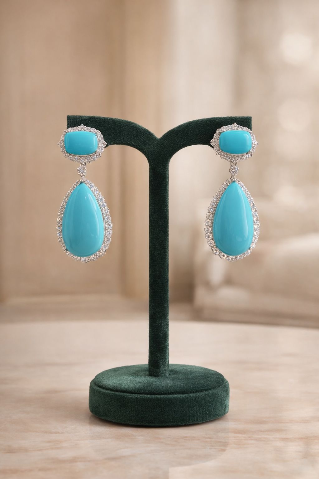 Turquoise Blue American Diamond Studded Premium Lara Party Earrings