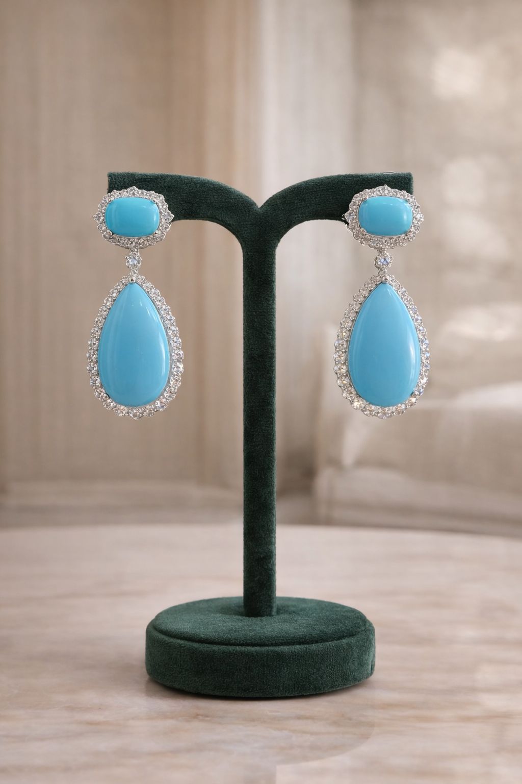 Turquoise Blue American Diamond Studded Premium Lara Party Earrings