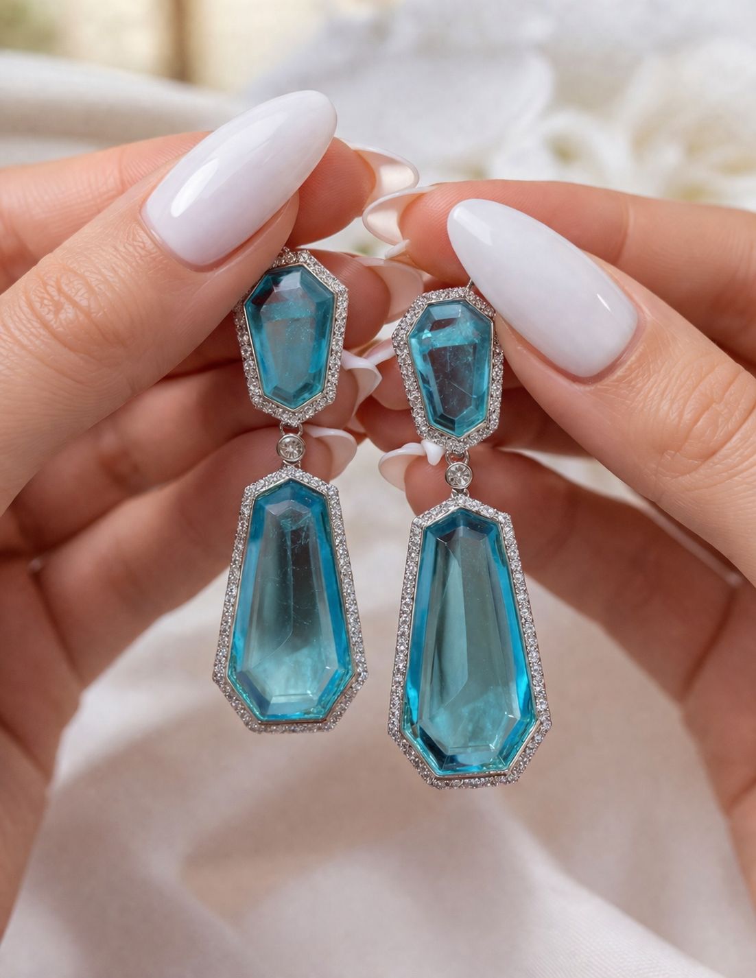 Blue Crystal American Diamond Premium Party Long Earrings