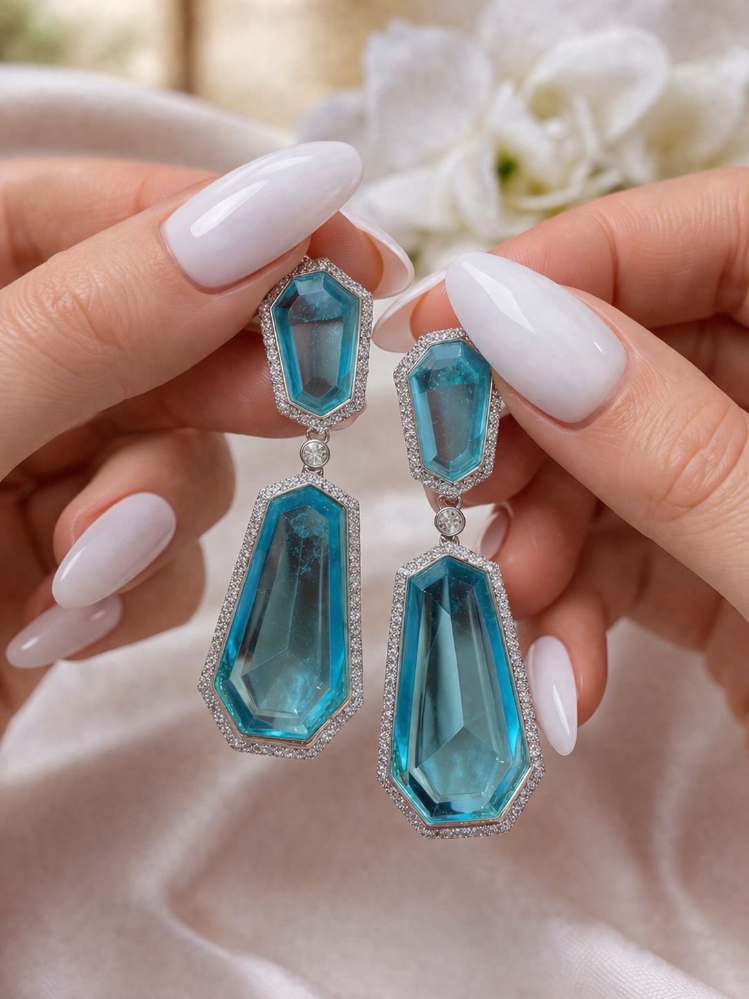 Blue Crystal American Diamond Premium Party Long Earrings