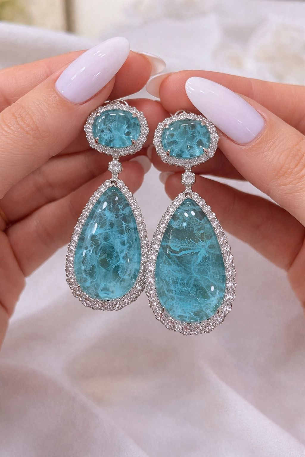 Aqua Blue Crystal American Diamond Studded Premium Party Long Earrings