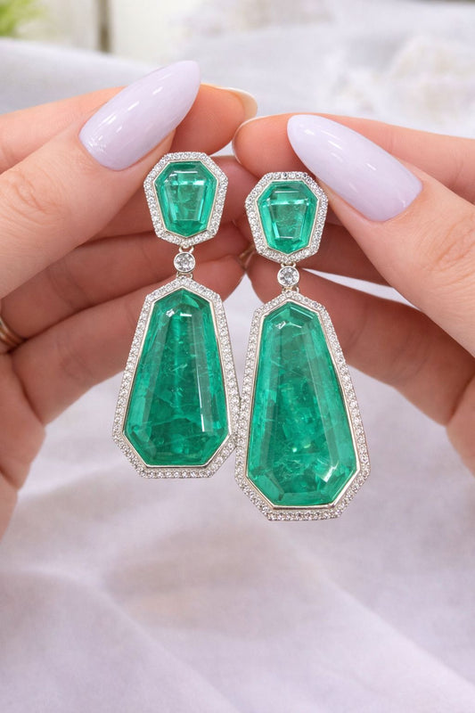 Sea Green Geometric Long Party Earrings with American Diamond Border