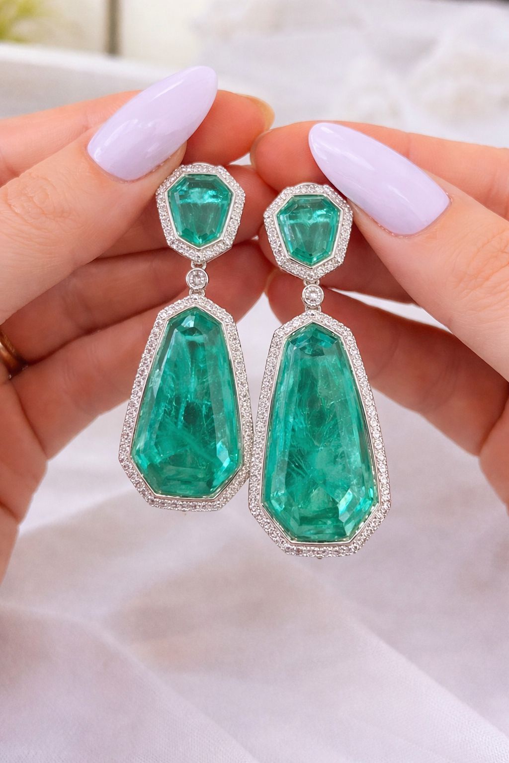 Sea Green Geometric Long Party Earrings with American Diamond Border