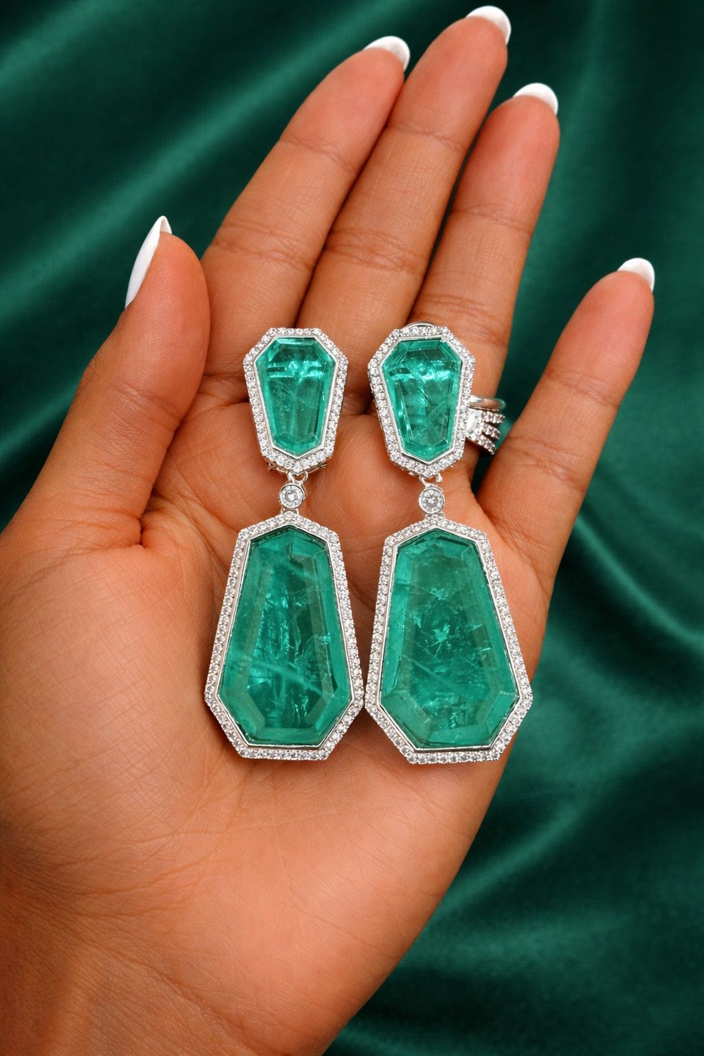Sea Green Geometric Long Party Earrings with American Diamond Border