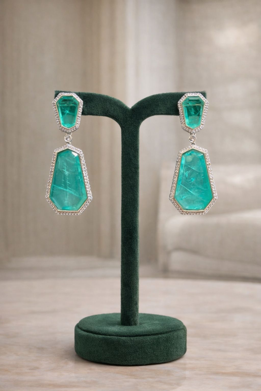 Sea Green Geometric Long Party Earrings with American Diamond Border