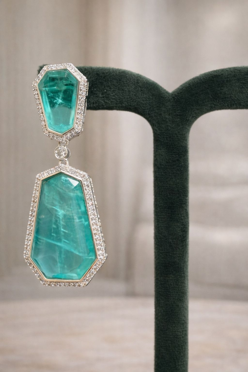 Sea Green Geometric Long Party Earrings with American Diamond Border
