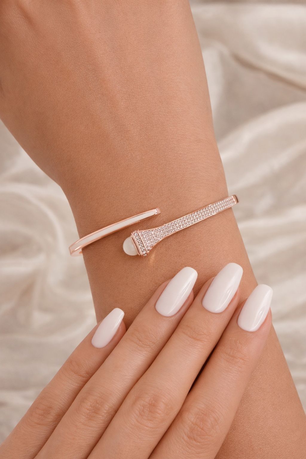 Premium Rose Gold Finish Foxy Openable Bracelet with White Enamel Detailing