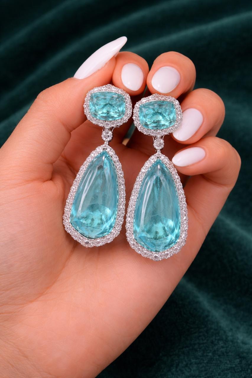 Aqua Blue Crystal American Diamond Studded Premium Party Long Earrings