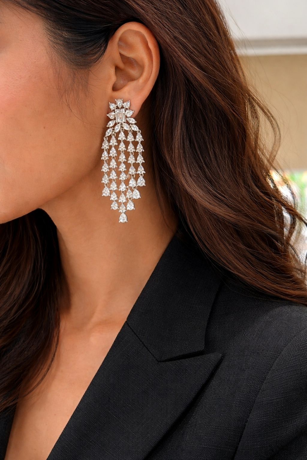 Premium American Diamond Drop Solitaire Womens Chandeliar Long Party Earrings