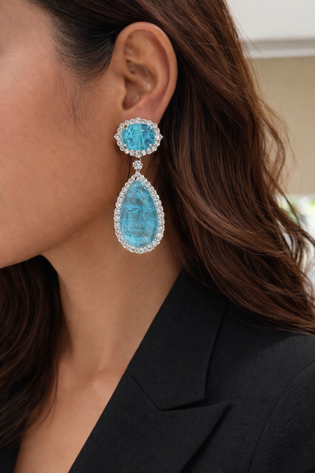 Aqua Blue Crystal American Diamond Studded Premium Party Long Earrings