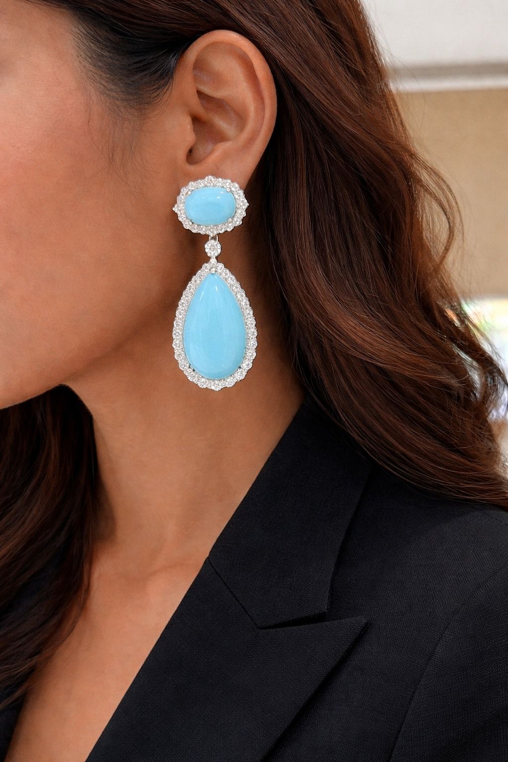 Turquoise Blue American Diamond Studded Premium Lara Party Earrings