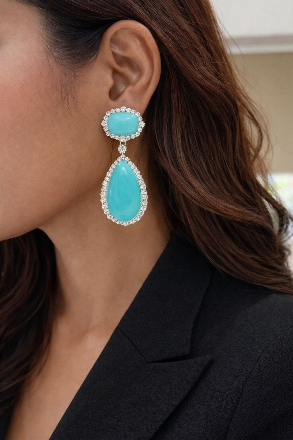 Sea Blue American Diamond Studded Premium Party Long Earrings