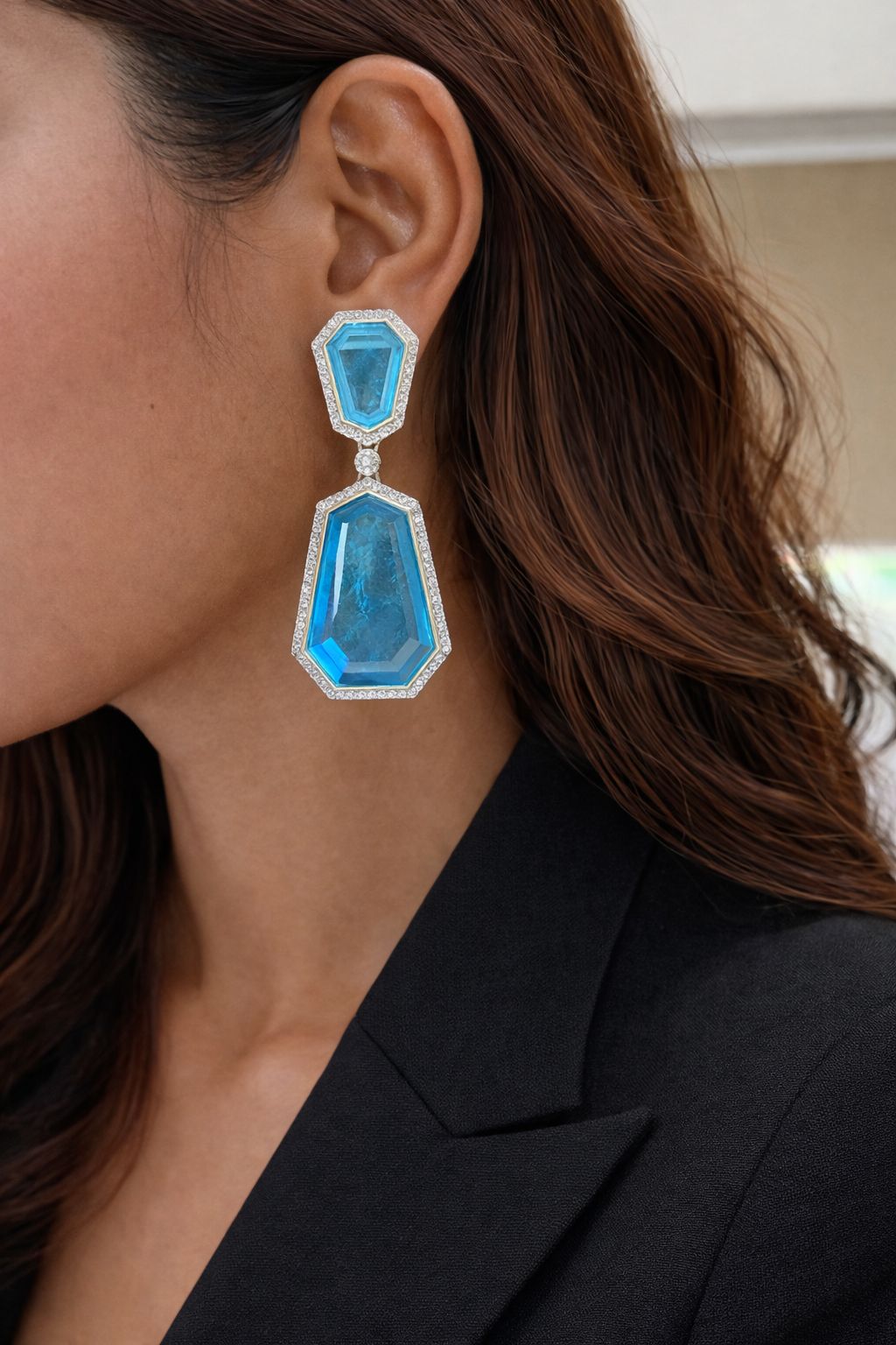 Blue Crystal American Diamond Premium Party Long Earrings