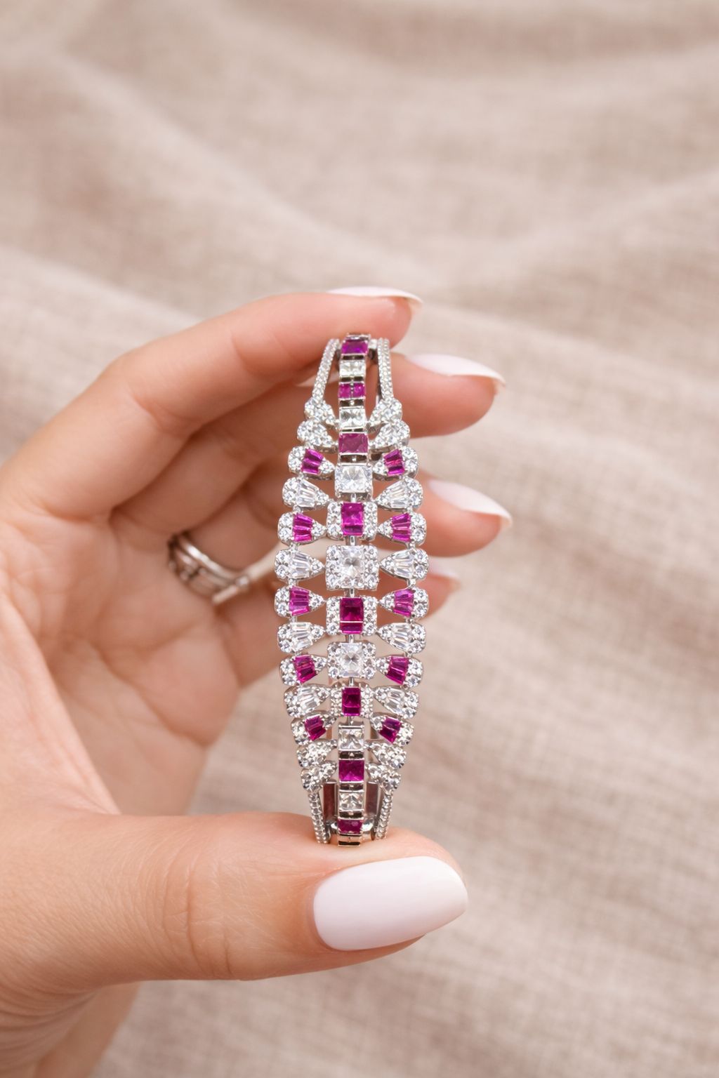 Premium American Diamond Baguette Pressure Setting Bridal Sia Openable Kada Bracelet with Ruby Detailing