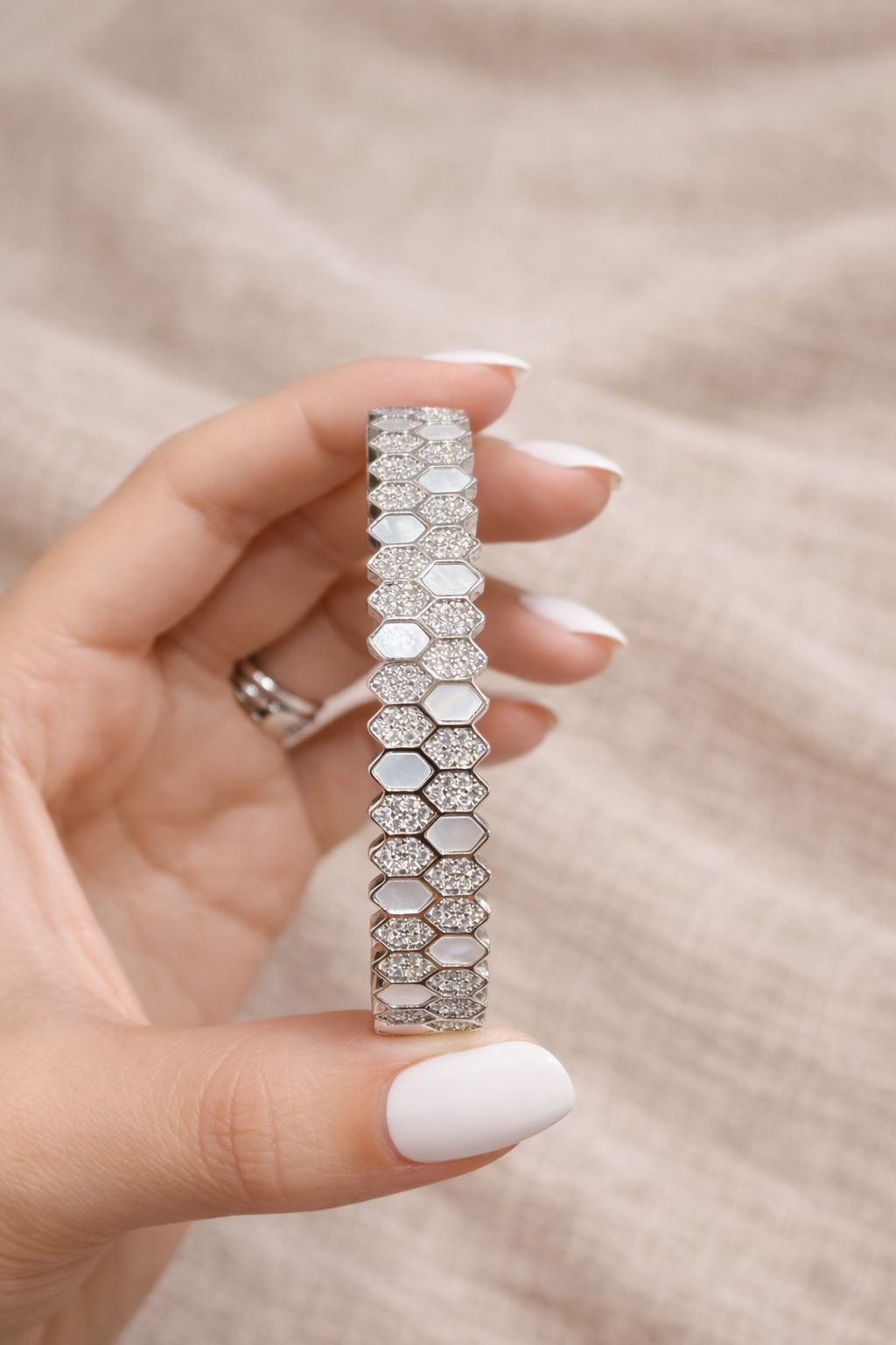 Premium American Diamond and Mother of Pearl Hexa Openable Bracelet