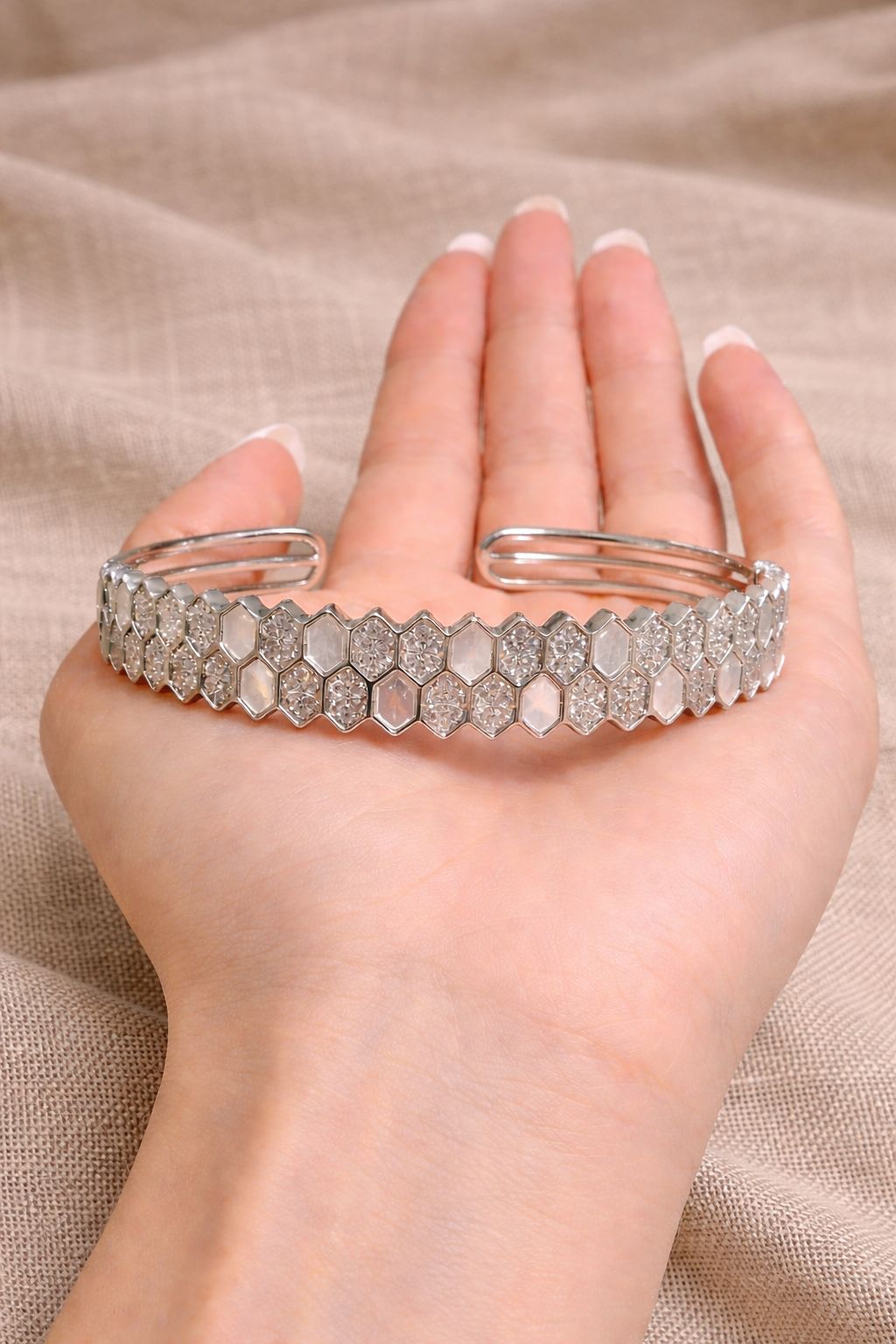 Premium American Diamond and Mother of Pearl Hexa Openable Bracelet