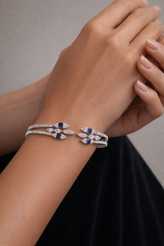 Premium American Diamond Baguette Setting Three Line Nora Openable Bracelet with Blue Sapphire Detailing