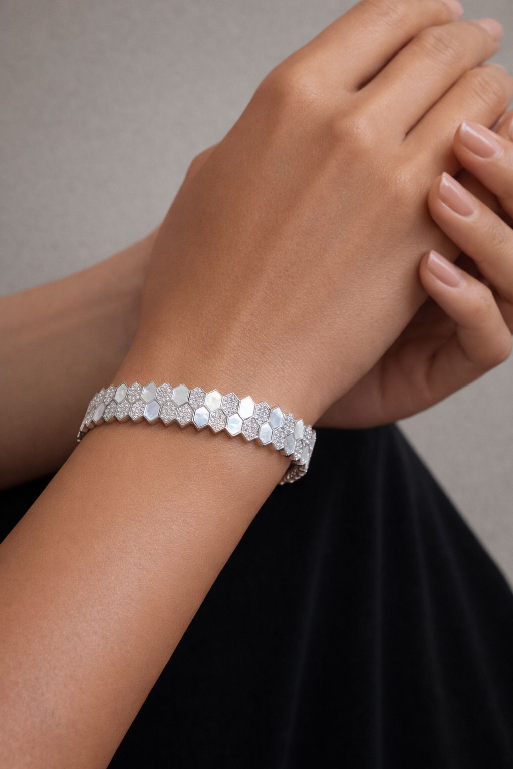 Premium American Diamond and Mother of Pearl Hexa Openable Bracelet